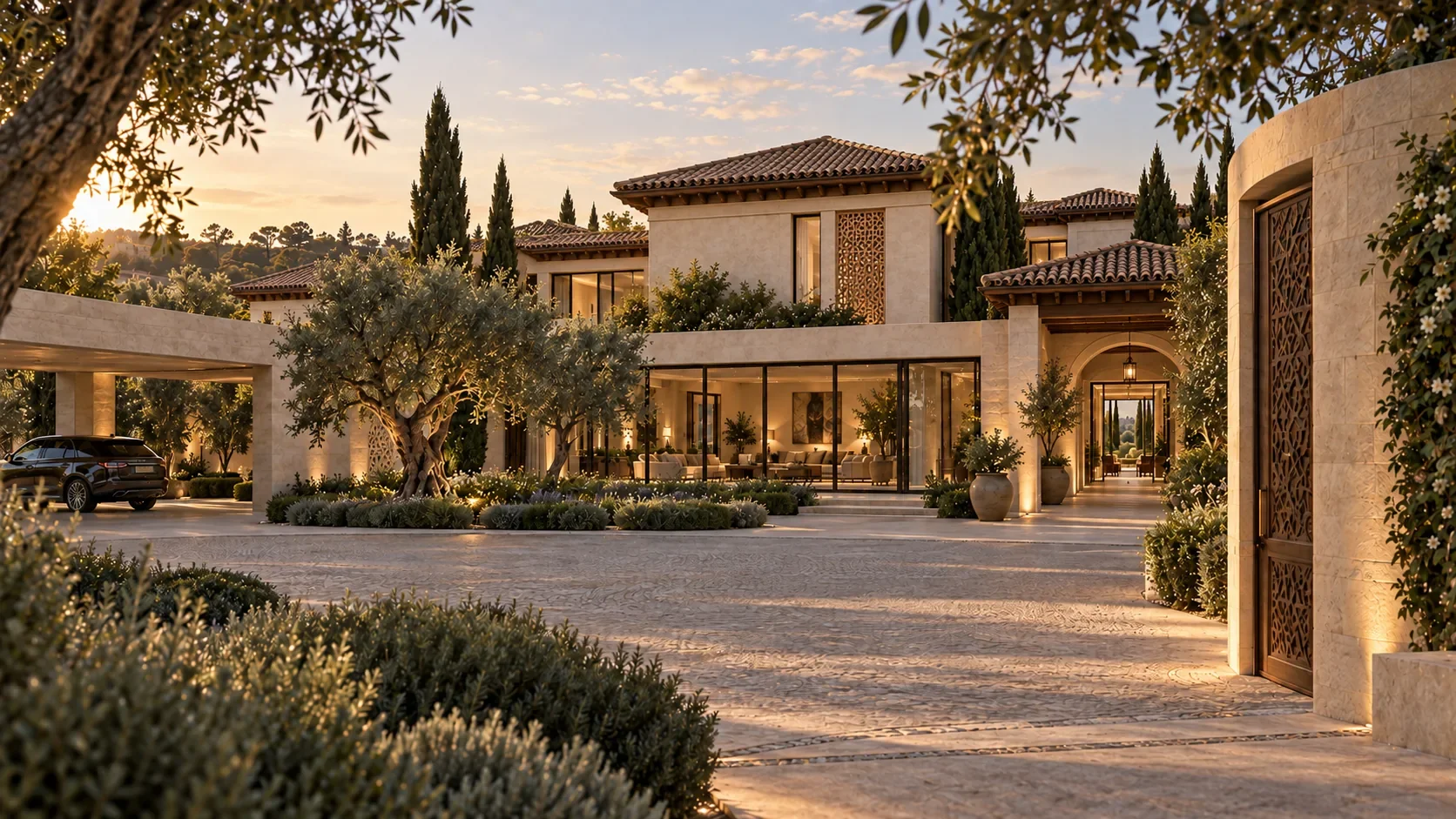 Private arrival at a villa with tiled roofs and cedar screens at sunset.