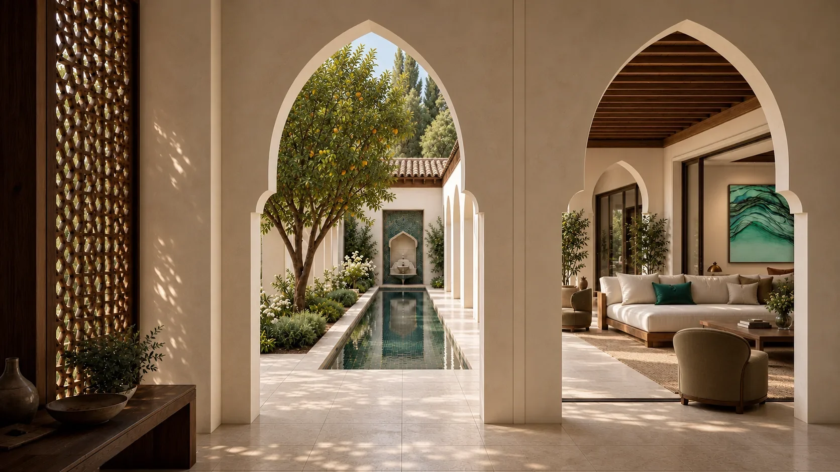 Private courtyard with a reflecting pool, lattice and arches.