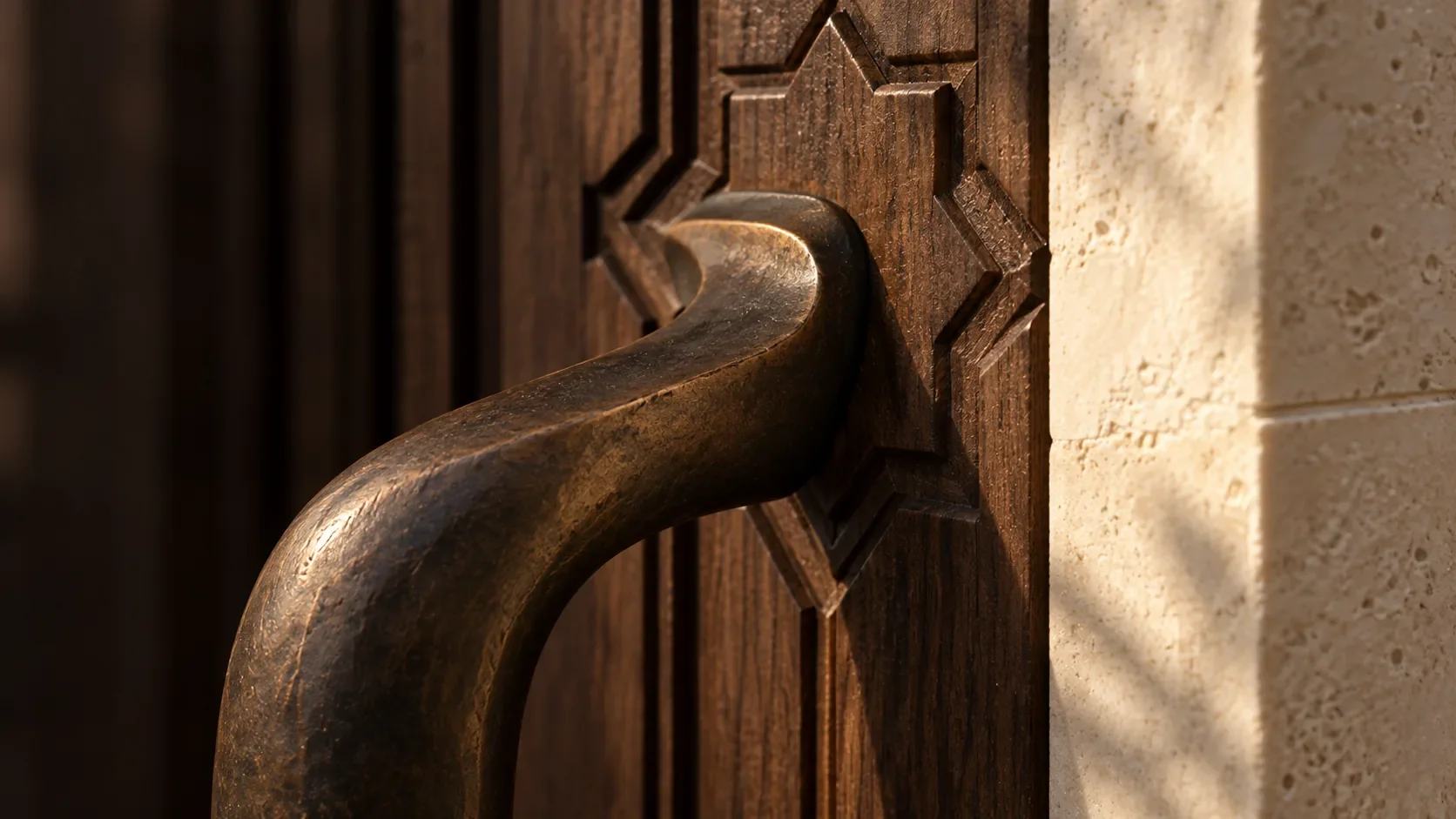 Close view of a handcrafted carving in wood and bronze.