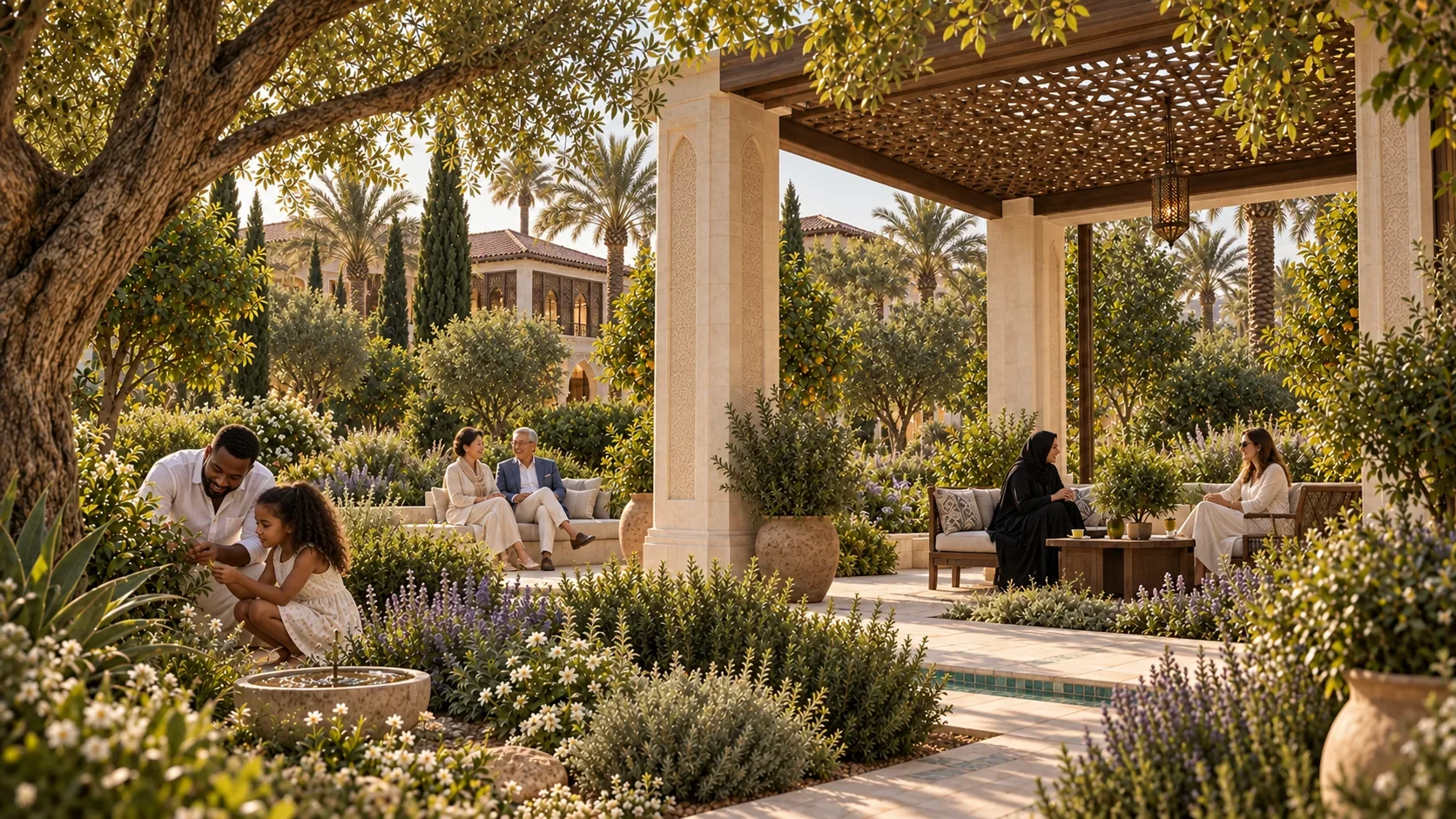 Neighbours of different generations gathering under a pergola.