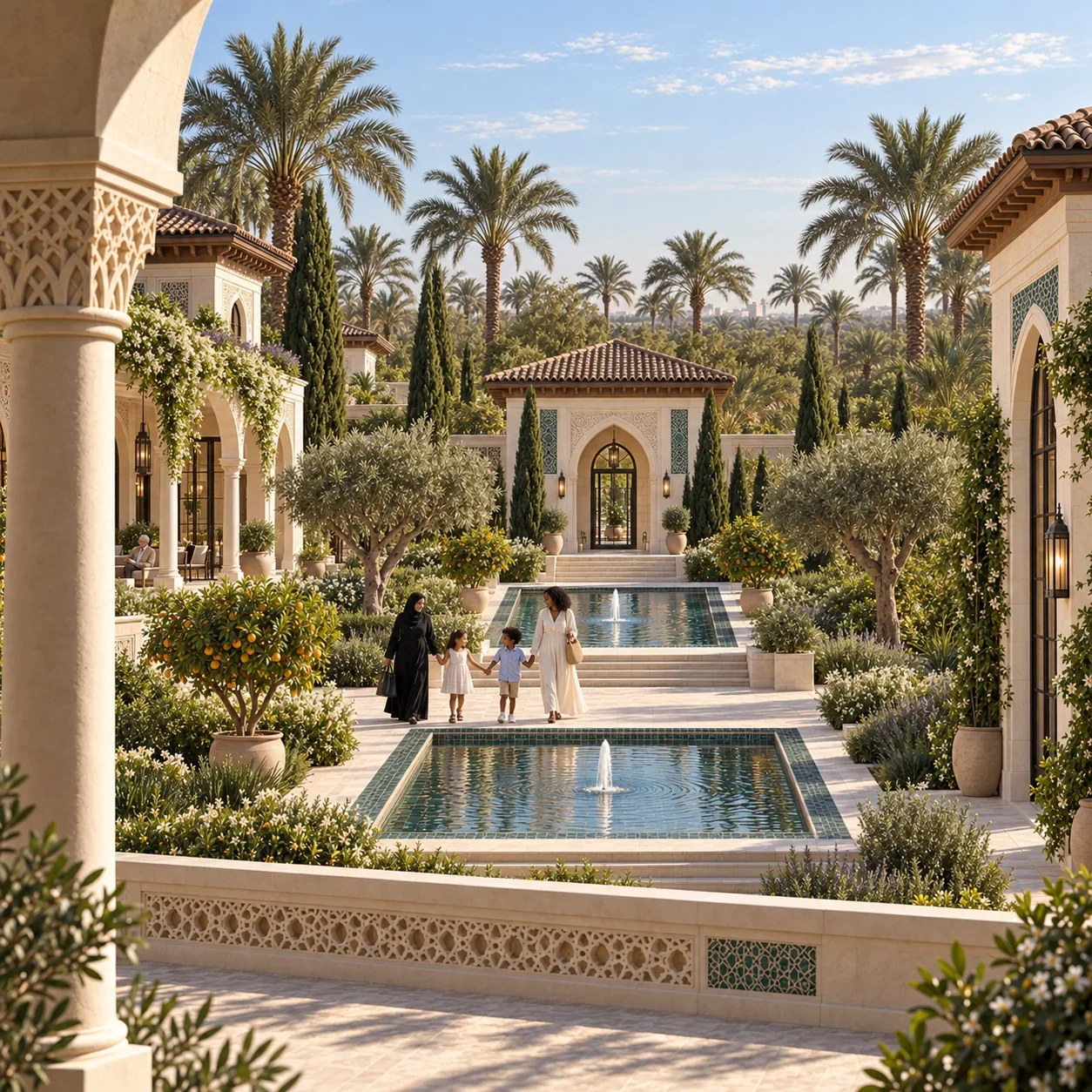 Families in the terraced water garden in the morning.