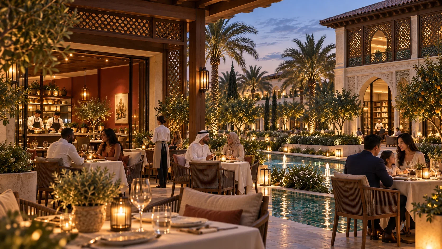Dining terraces beside the water garden at dusk.