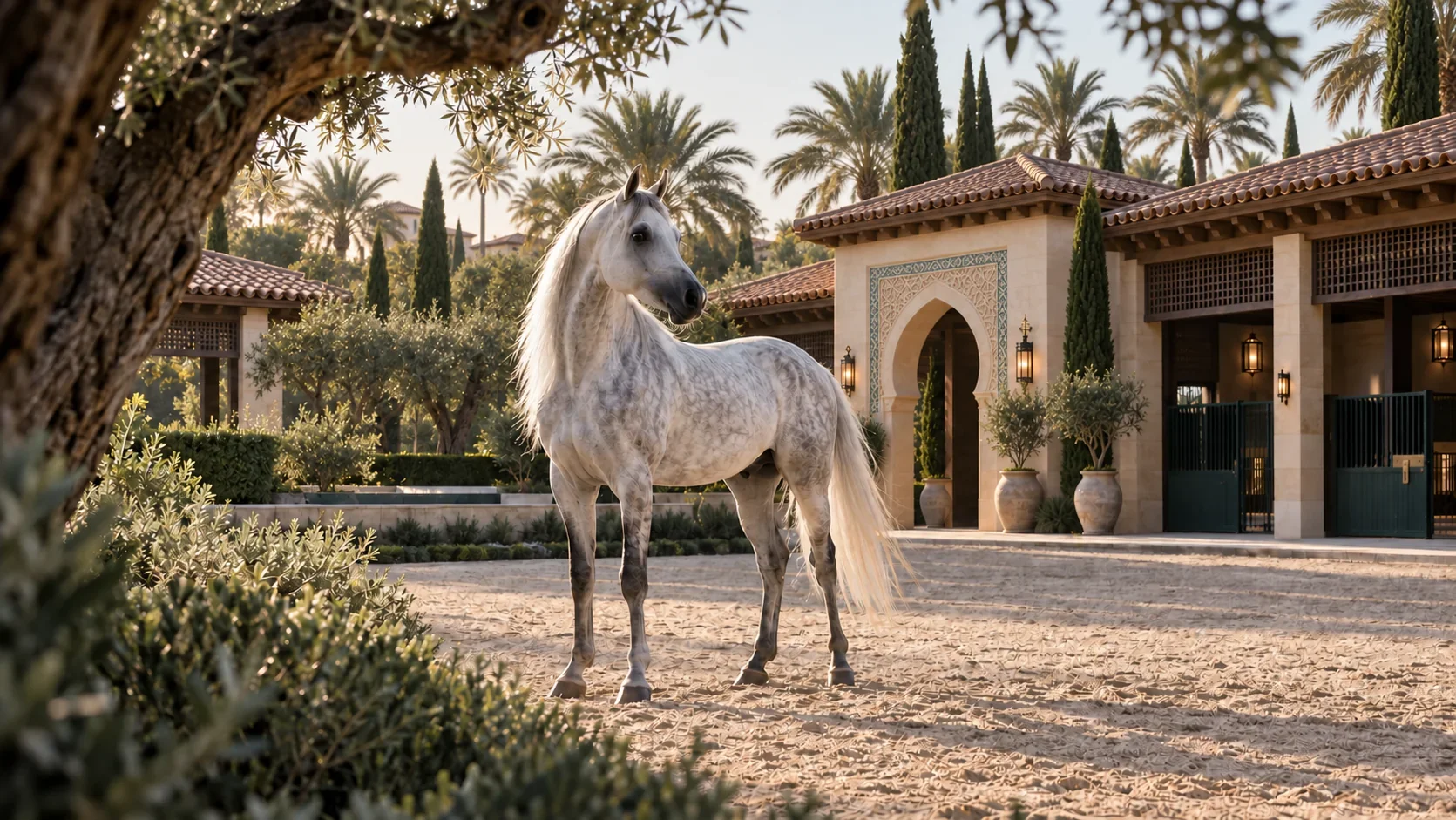 A dapple-grey Arabian horse before the stables.