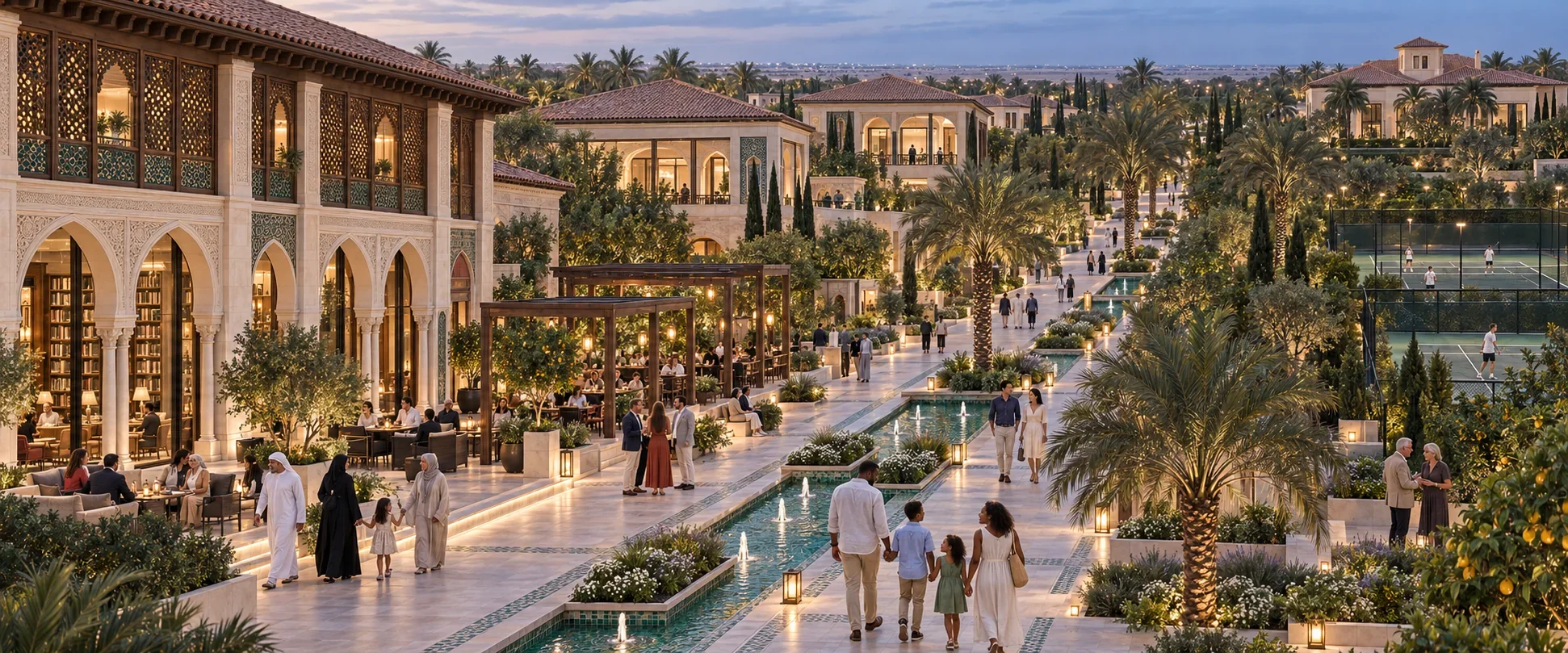 Families along Safira’s palm-lined water promenade, with a library, dining terraces and gardens.