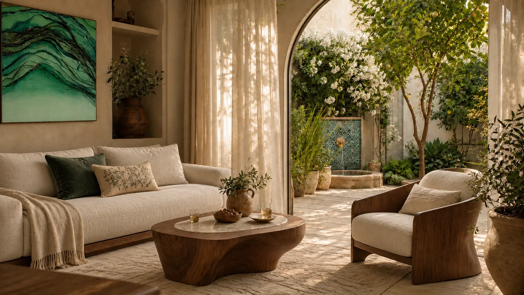 Contemporary walnut and linen furniture in a salon opening onto a courtyard.