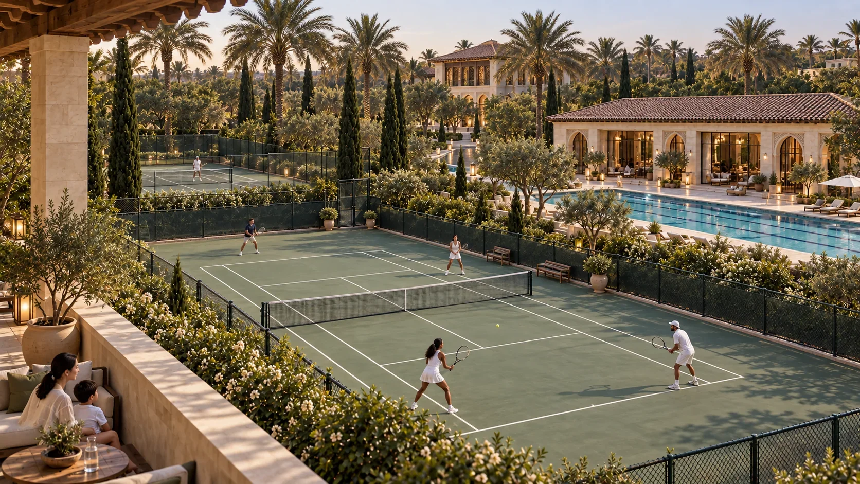 Tennis courts, pool and palm gardens.