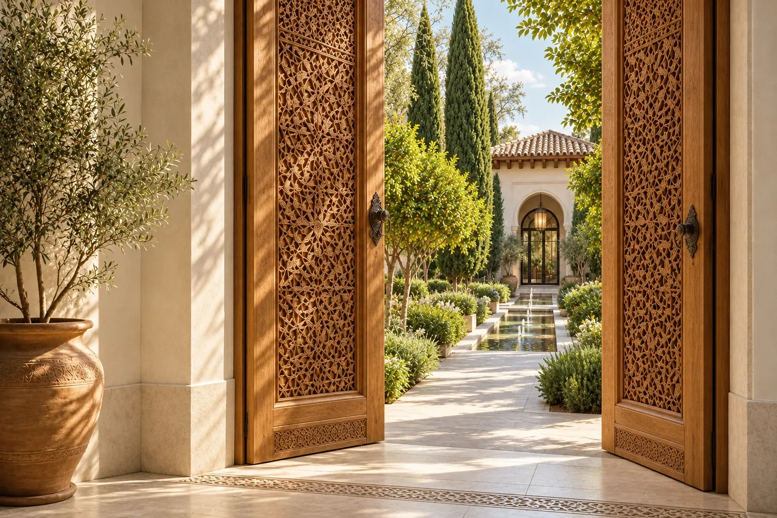Carved cedar doors opening onto a private water garden.
