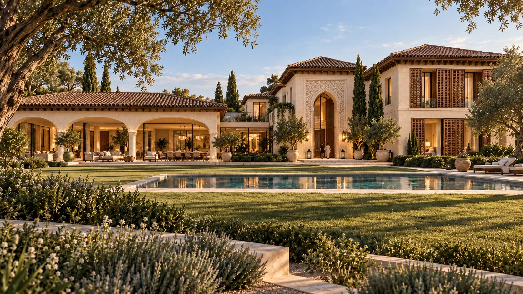 A grand individual villa with a garden and pool.