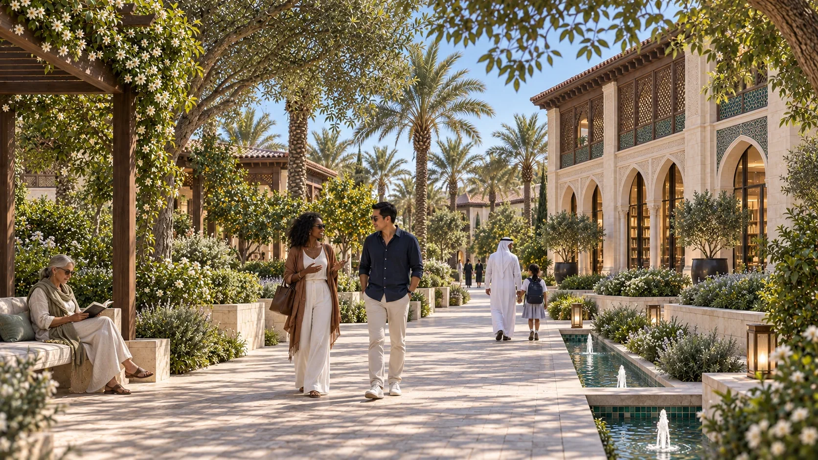 Residents walking beside a jade-tiled water channel shaded by palms.